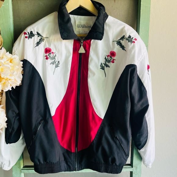 Jackets & Blazers - Vintage Wilson Color Block Tennis Floral Embroidered Warm Up Windbreaker Jacket